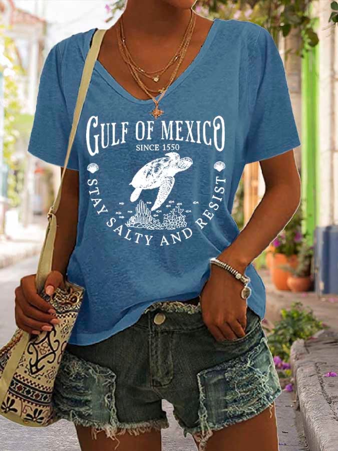 Women's Gulf Of Mexico Print V Neck Casual T-Shirt