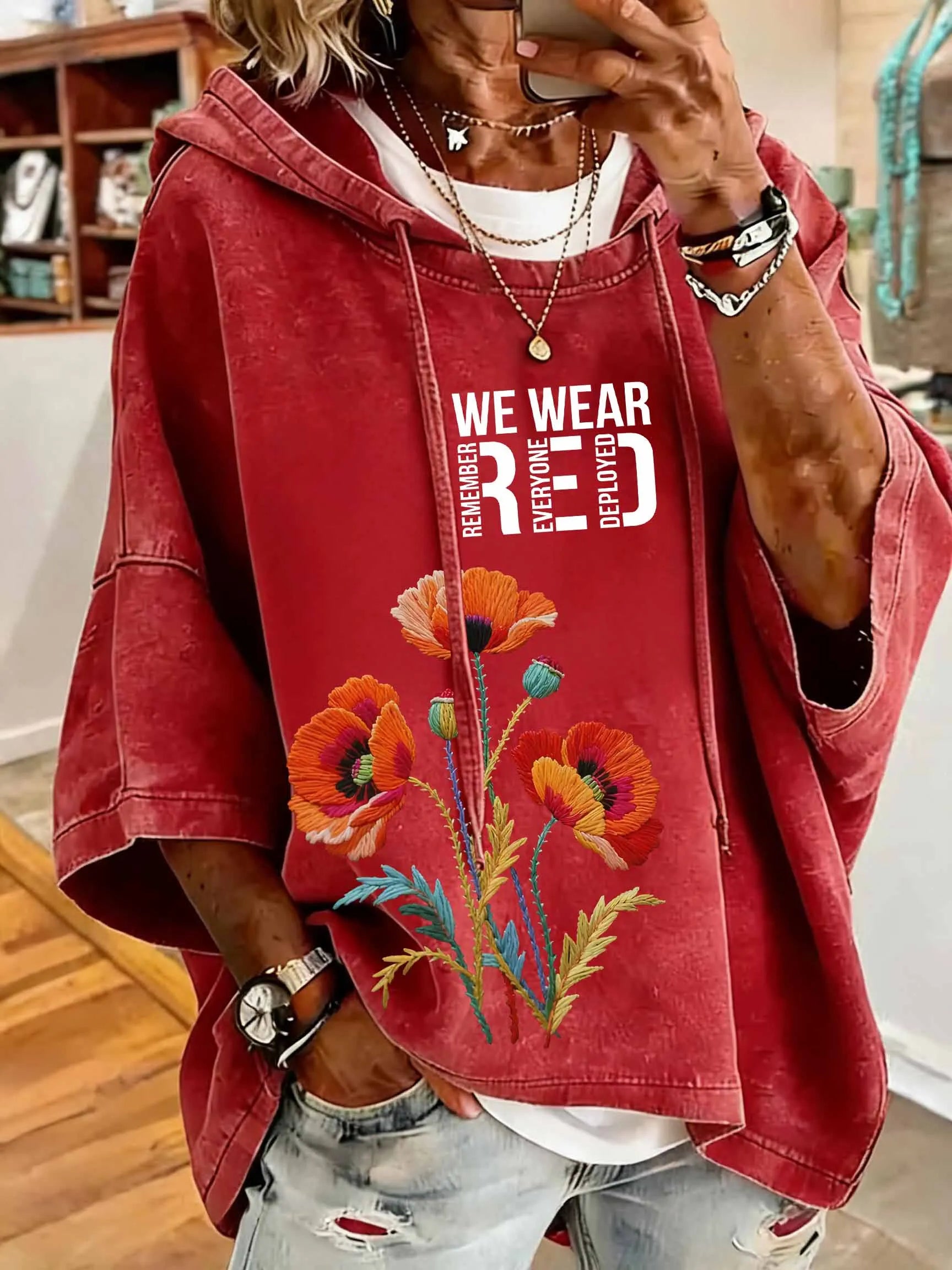 Women'S Vintage Red Friday Pattern Distressed Washed Oversized Hoodie