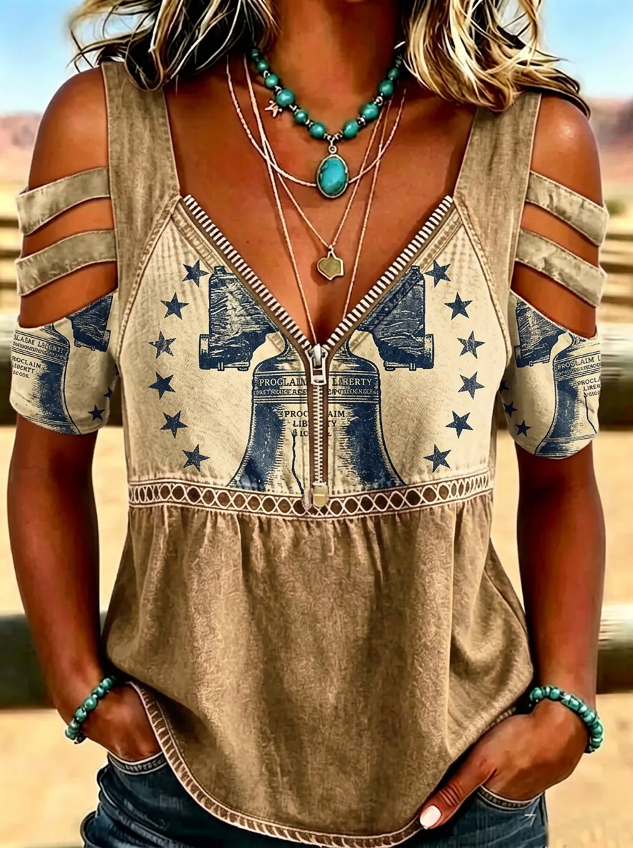 Women's Western Independence Day Liberty Bell Star Printed T-shirt
