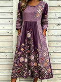 Women's Retro Floral And Lace Art Splicing Purple Washed Cotton Linen Round Neck Dress