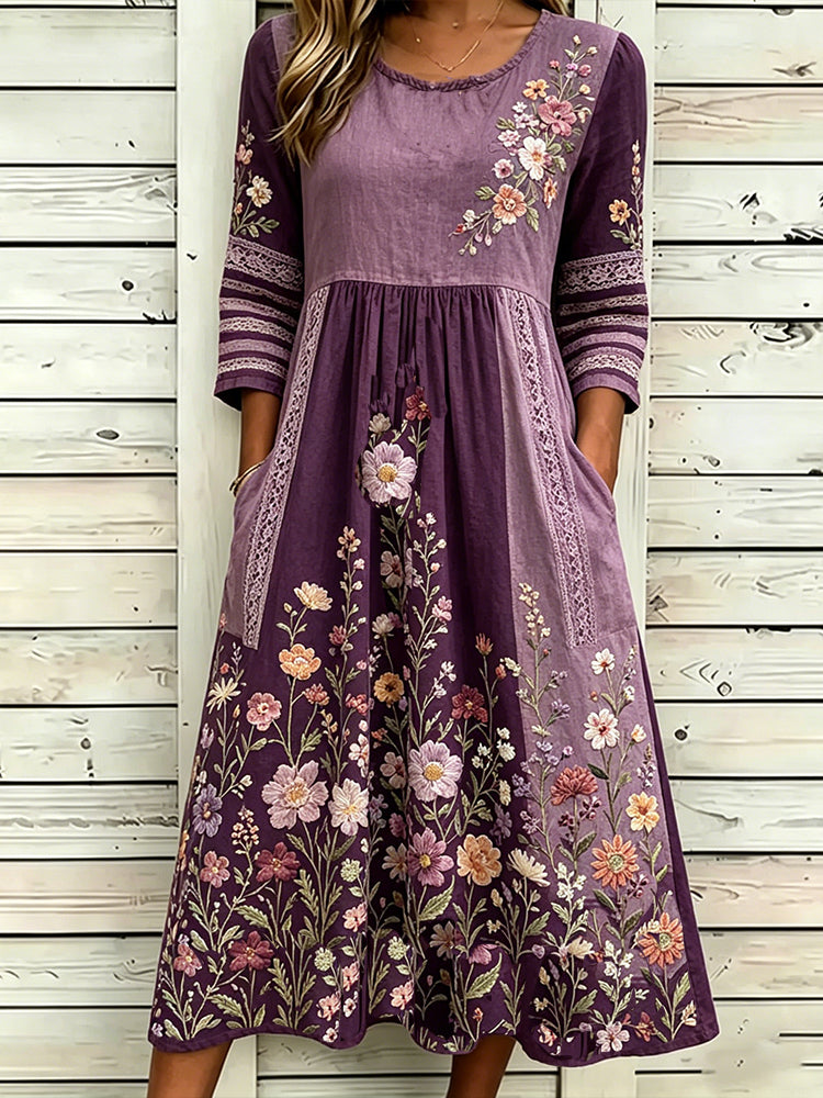 Women's Retro Floral And Lace Art Splicing Purple Washed Cotton Linen Round Neck Dress