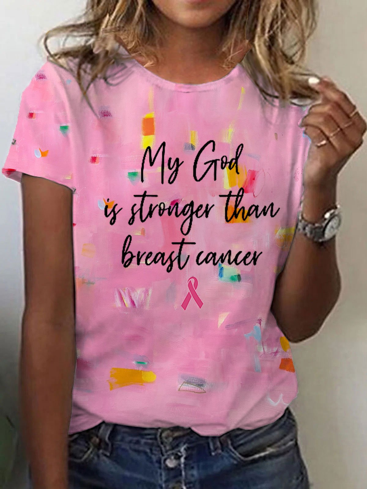 Women's Breast Cancer My God Is Stronger Than Breast Cancer Print T-Shirt