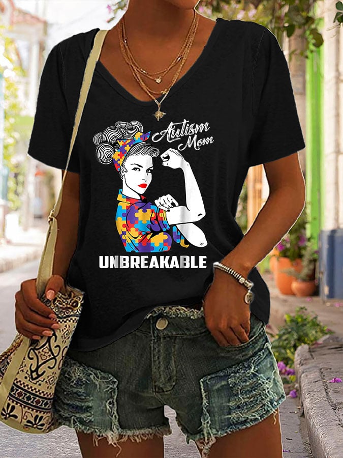 Women'S Autism Mom Unbreakable V Neck Short Sleeve T-Shirt