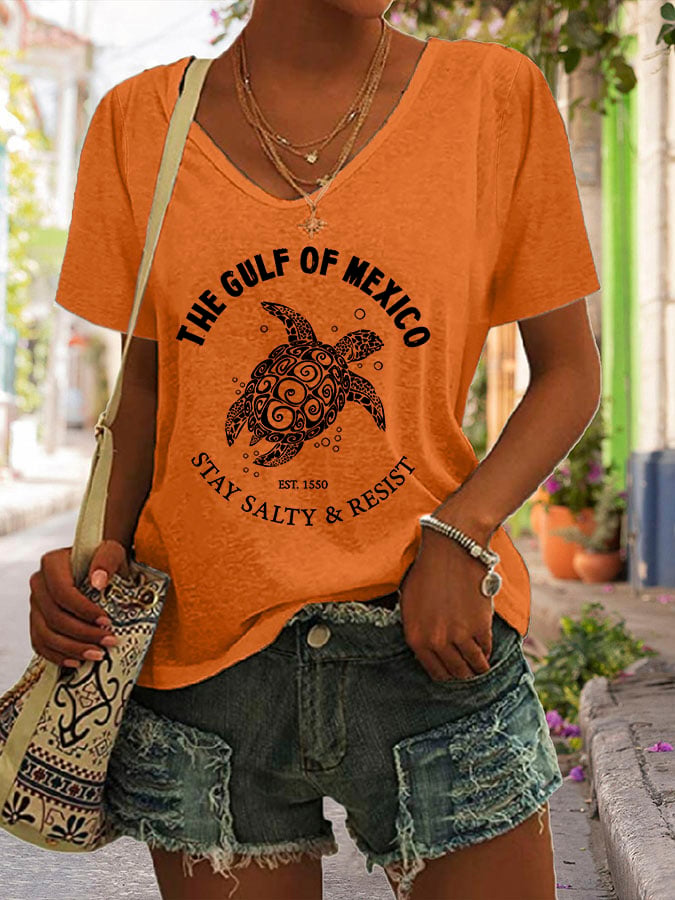 Women's The Gulf Of Mexico Print V Neck Casual T-Shirt
