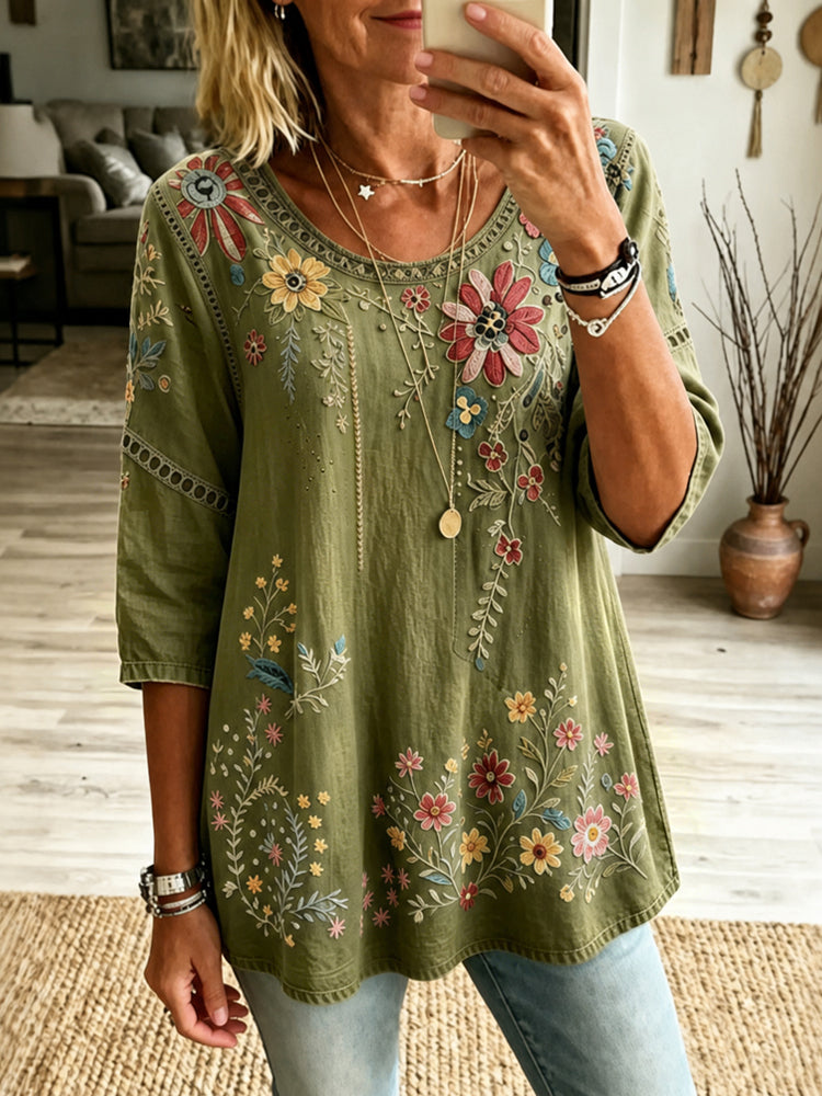 Women's Retro Floral Vacation Cotton Linen Top