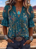 Women's Western Vintage Floral Lace Trim Printed Blouse