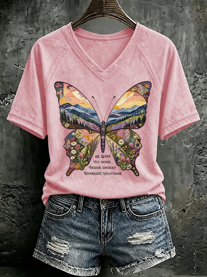 V Neck Retro Butterfly He Leads You Home Beside Smokey Tennessee Mountains Print T-Shirt