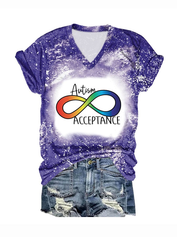V-neck Autism Awareness Acceptance Print T-Shirt