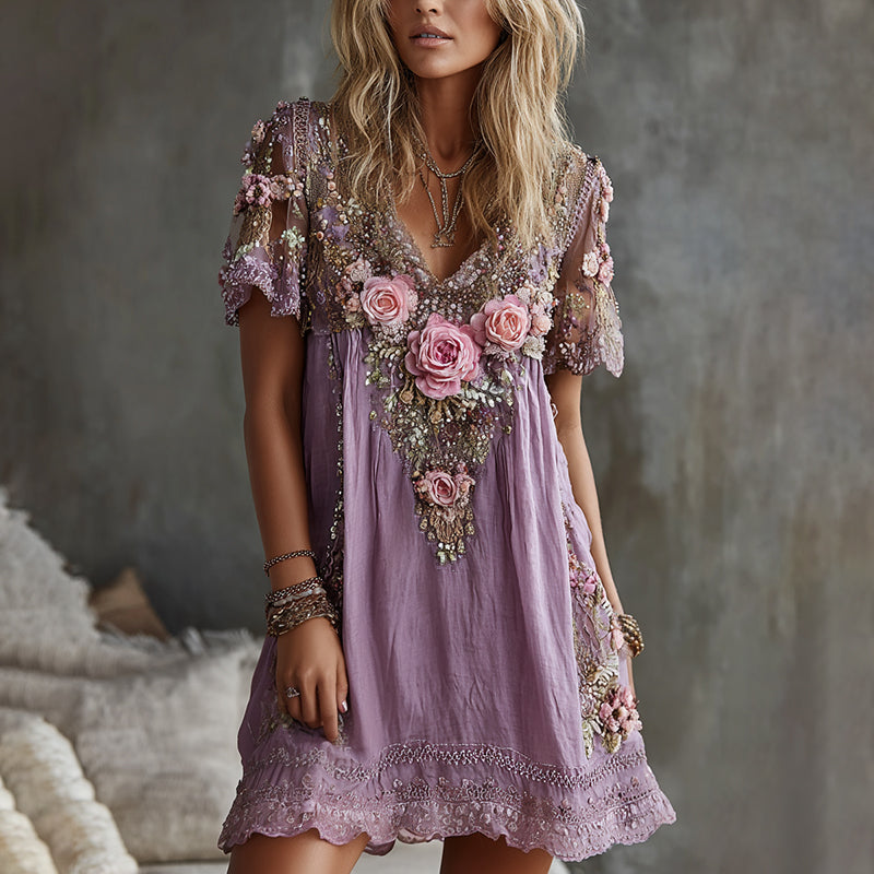 Women's Vintage Roses Art Print Flowy Linen Blend Casual Short Sleeve Mini Dress