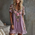 Women's Vintage Roses Art Print Flowy Linen Blend Casual Short Sleeve Mini Dress