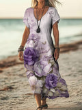 Women's Cotton And Linen Purple Floral Vintage Dress
