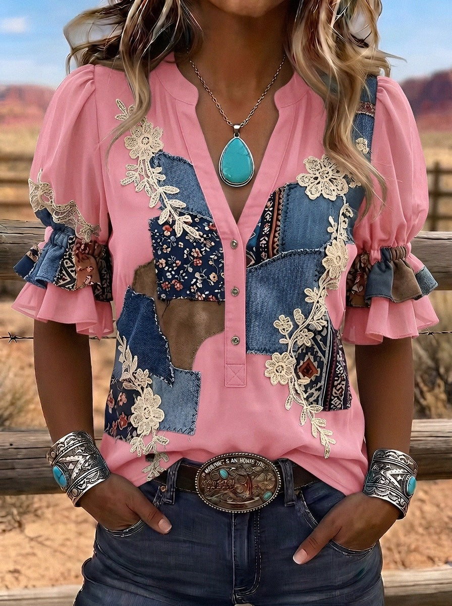 Women's Western Vintage Floral Patchwork Printed Top