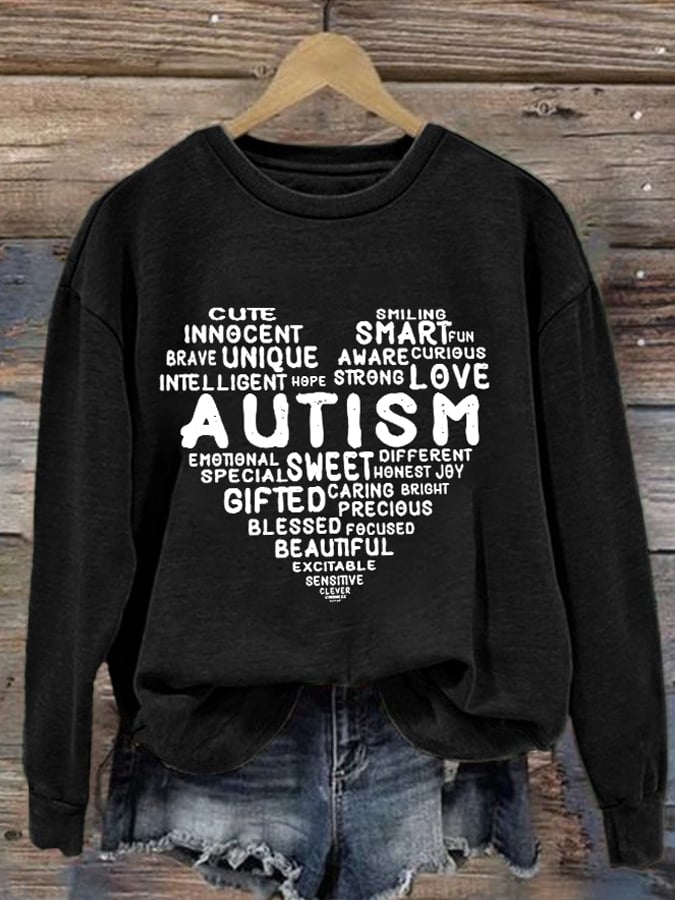 Women's Heart Love Sweet Smart Honest Autism Awareness Print Long Sleeve Sweatshirt