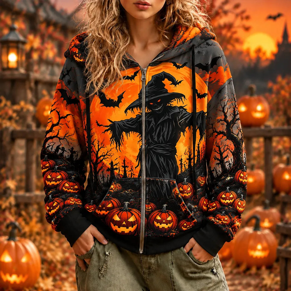 Women's Halloween Scarecrow Pumpkin Moon Print Zip Hoodie
