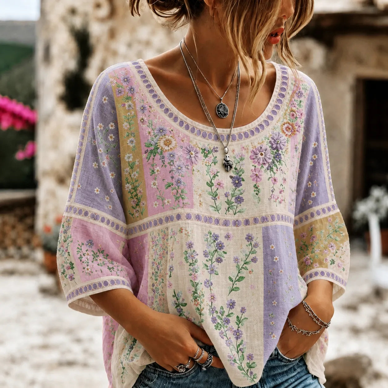 Women's Vintage Floral Embroidered Patchwork Art Crew Neck Linen Blend T-shirt