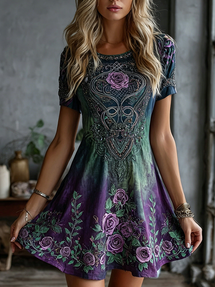 Women's Vintage Celtic Knot Floral Gradient Art Flowy Linen Blend Casual Round Neck Midi Dress