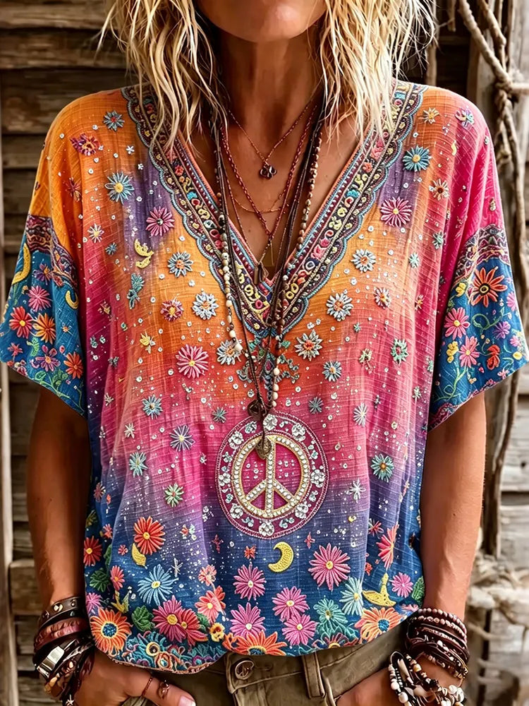 Women's Retro Hippie Floral Color Gradient Art Linen Blend Short Sleeve Tops