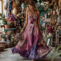 Vintage Boho Purple Floral Art V Neck Sleeveless Casual Maxi Dress