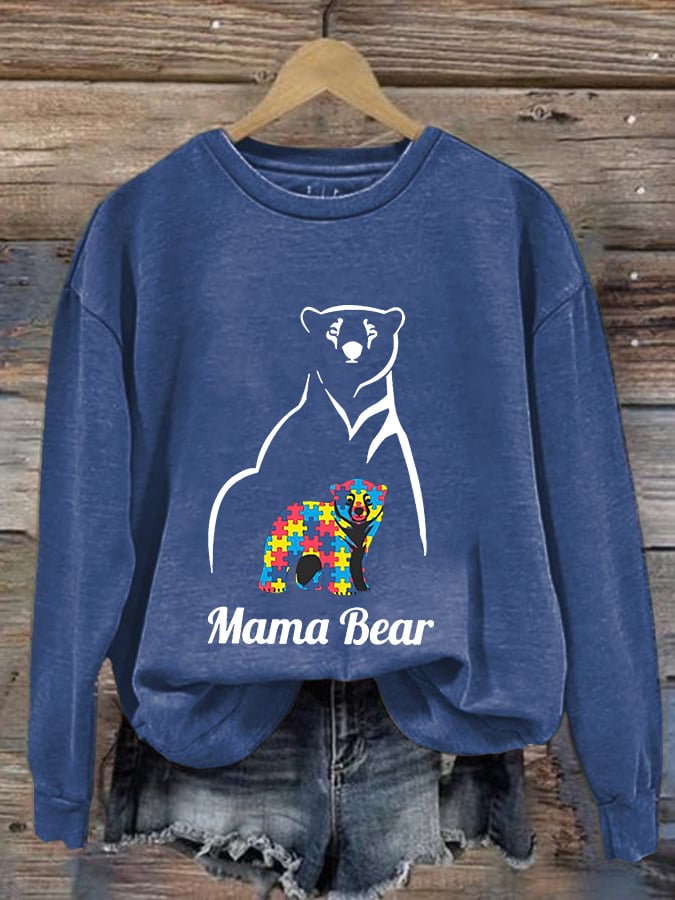 Retro Autism Awareness Mama Bear Print Sweatshirt