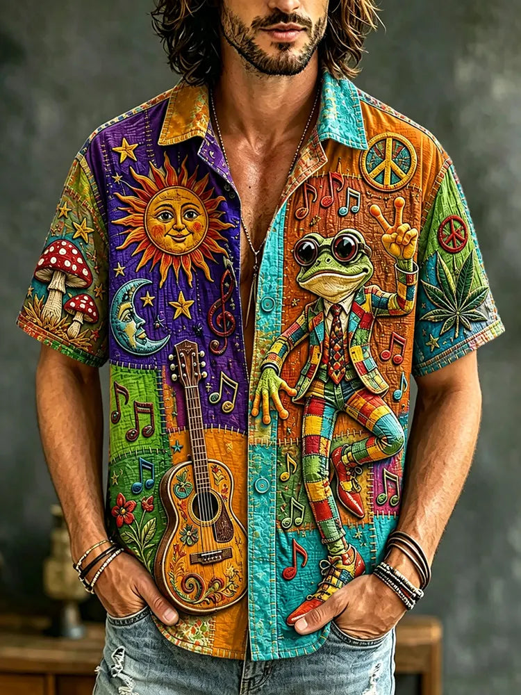 Men's Boho Frog Music Patchwork Psychedelic Peace & Sun Moon Art Print Casual Shirt