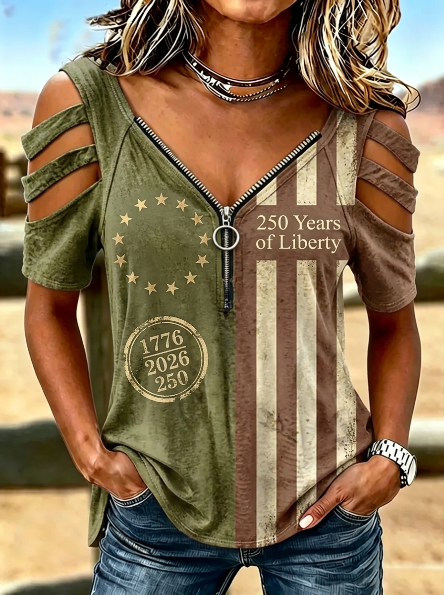 Women's Western Independence Day 1776 Liberty Flag Printed Zip T-shirt