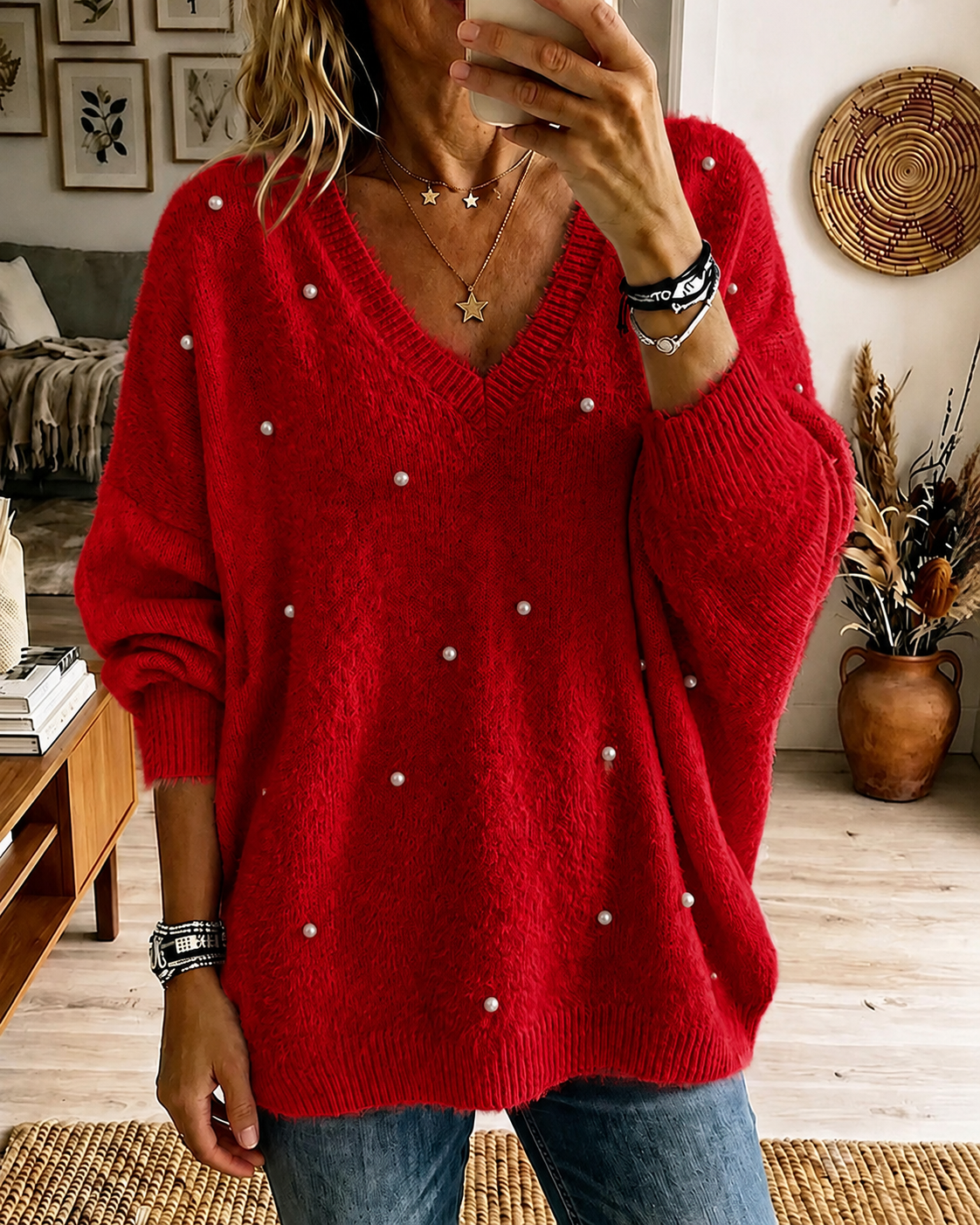 Women'S Solid Color Multi-Color Nail Bead Pullover Sweater Top