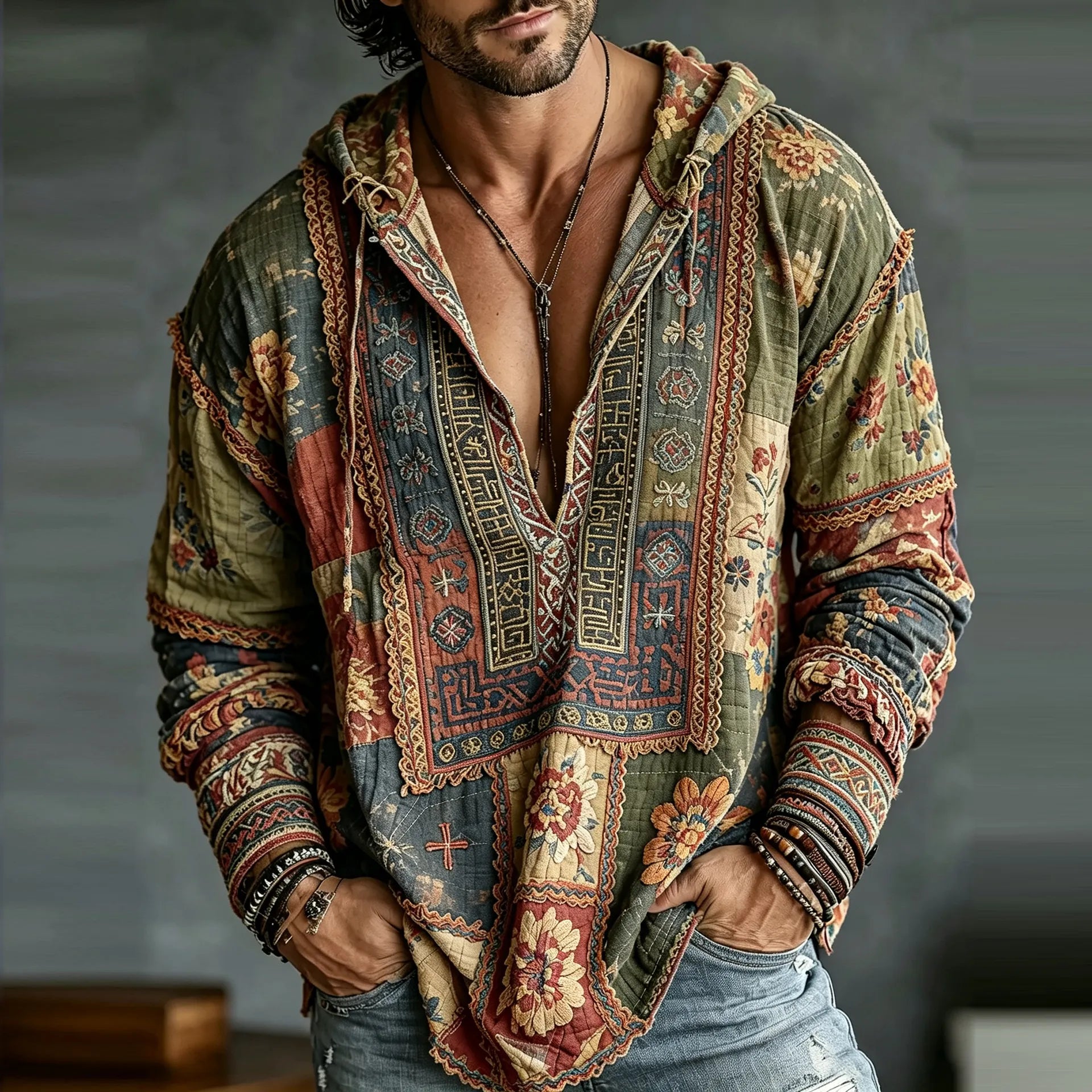 Men's Retro Floral  Patchwork Embroidered Art Print Flowy Linen Blend Casual  Hooded Shirt