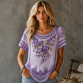 Women's Vintage Rose Embroidery Art Crew Neck Short Sleeve T-shirt