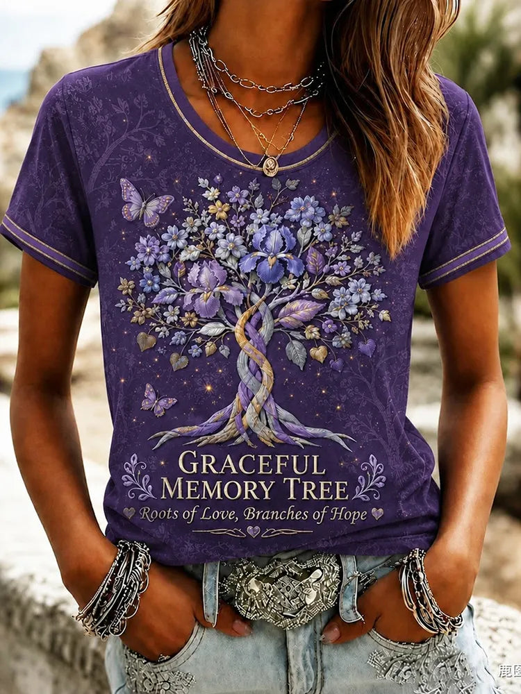 Women's Alzheimer's Awareness Memory Tree Art Printed T-shirt