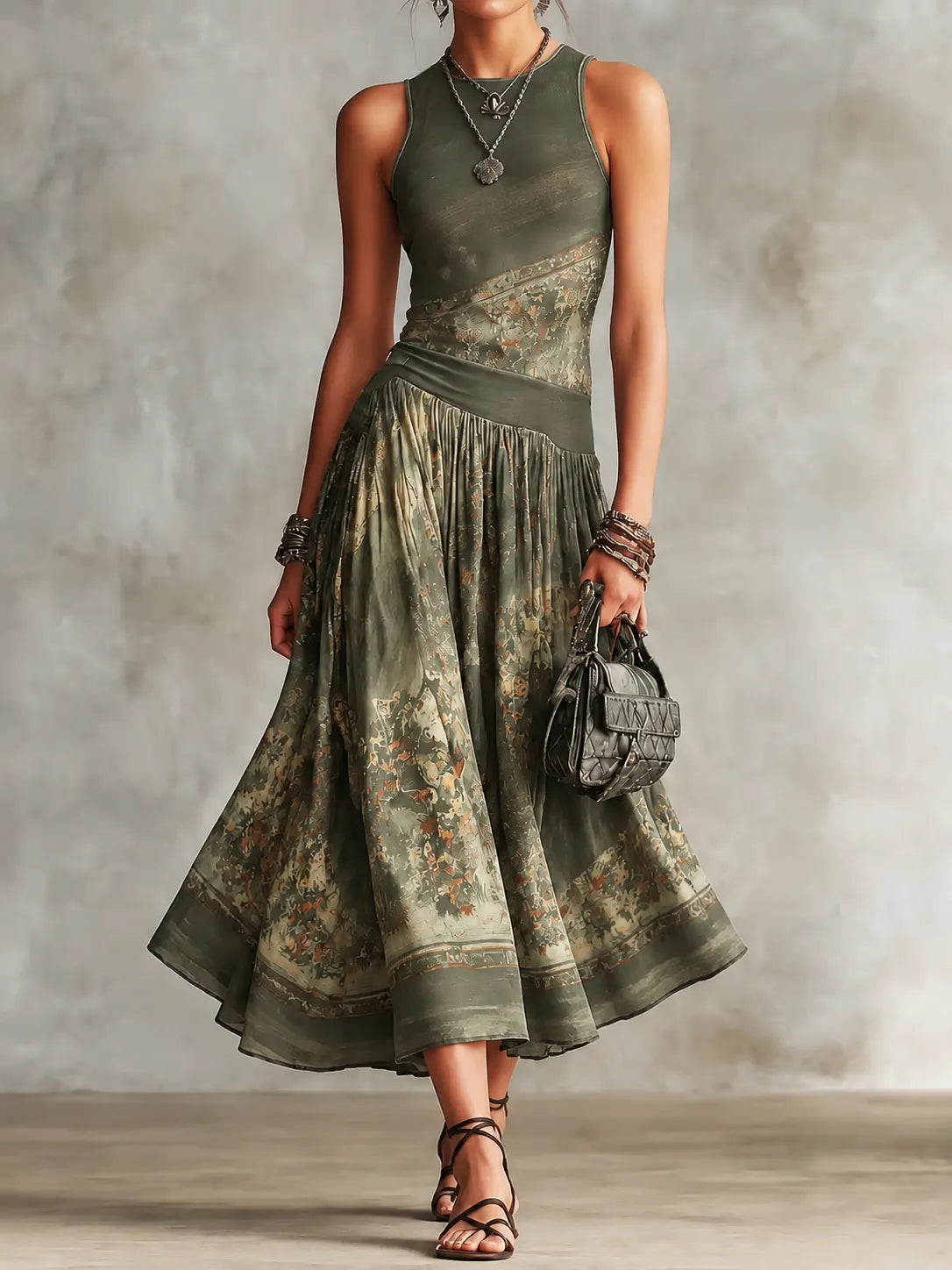 Elegant Retro Printed Sleeveless Tank Top Midi Dress
