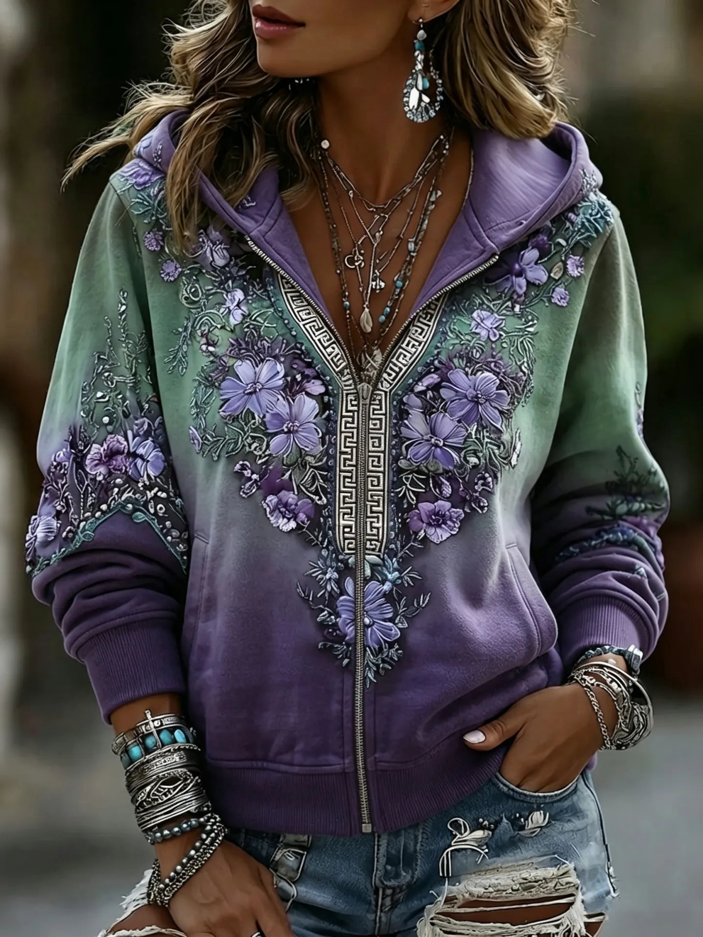 Women's Vintage Boho Floral Gradient Warm Zip Hoodie Cardigan