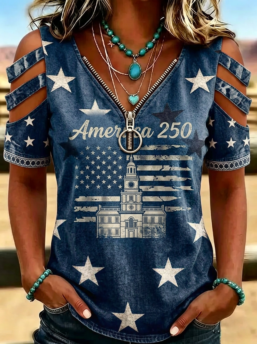Women's Western Independence Day America 250 Flag Building Printed Cold Shoulder T-shirt