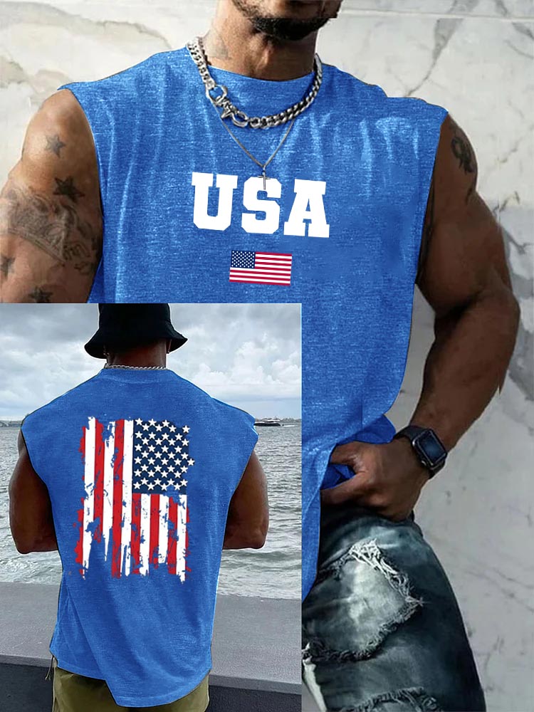 USA  America Flag Pattern Round Neck 100% Cotton Tank Top