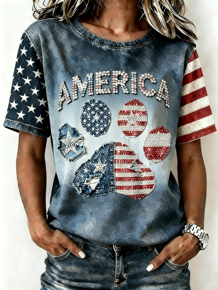 Women'S Independence Day Patriotic Claw Art Printed T-Shirt