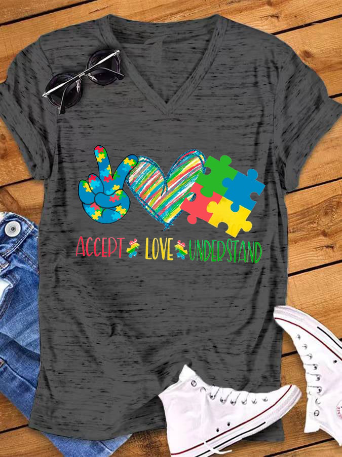Women's Accept Love Understand Print Autism Awareness T-Shirt