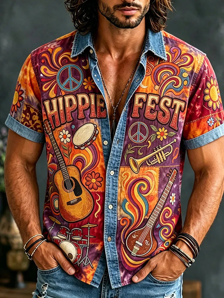 Men's Retro Hippie Music Print Cotton Linen Shirt