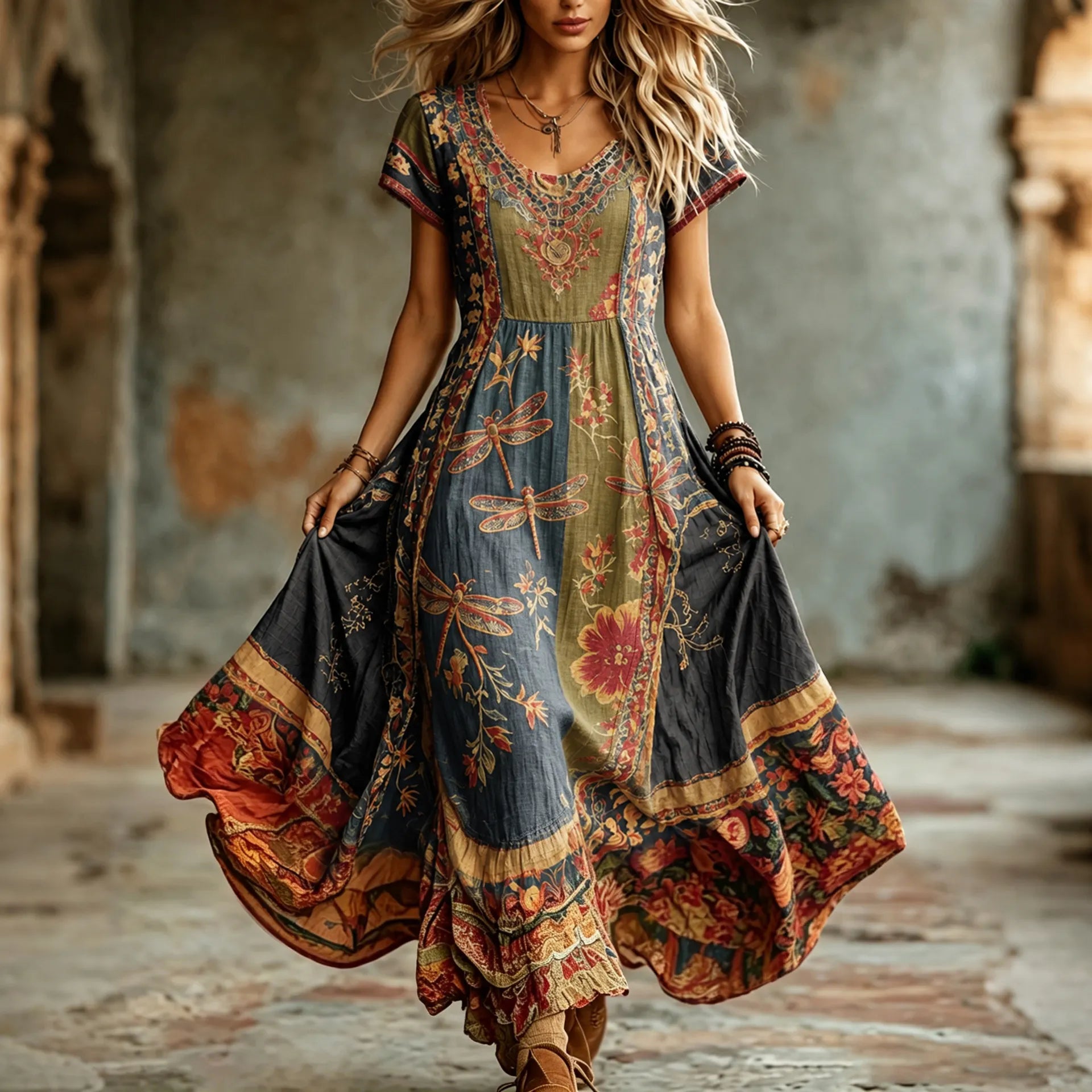 Women's Hippie Floral And Dragonfly Pattern Art Embroidered Linen Blend Maxi Dress