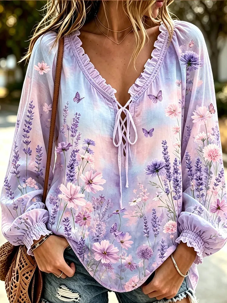 Women's Boho V-neck Blouse - Lavender Flowers, Daisies And Small Butterflies Print Ruffle Long Sleeve Top