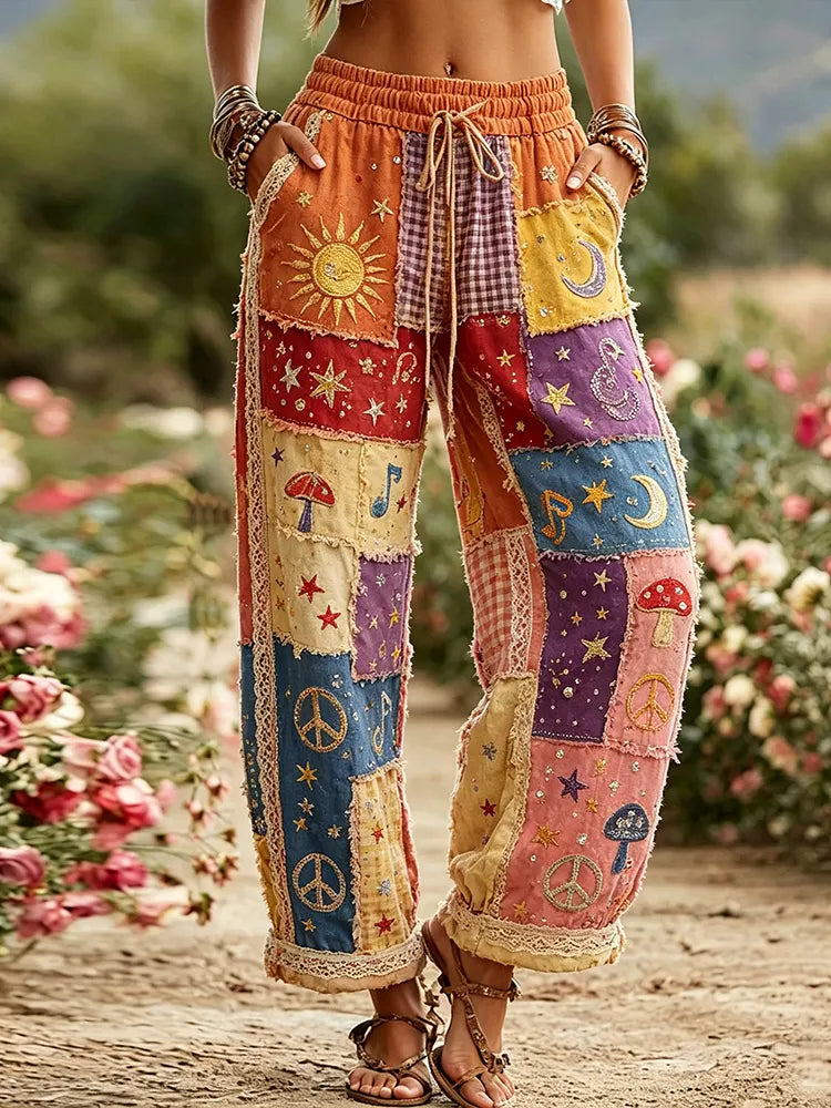 Women's Hippie Sun Moon Stars And Peace Symbol Embroidered Patchwork Cotton Linen Casual Pants