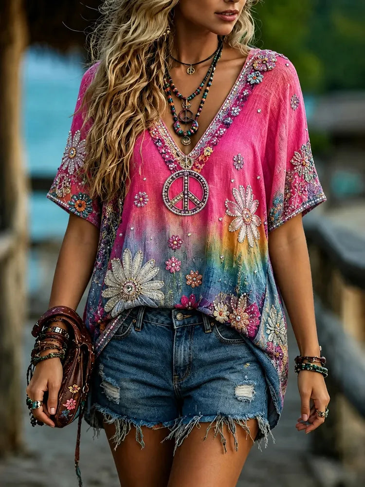 Women's Vintage Hippie Floral Gradient Art Linen Blend Short Sleeve Tops