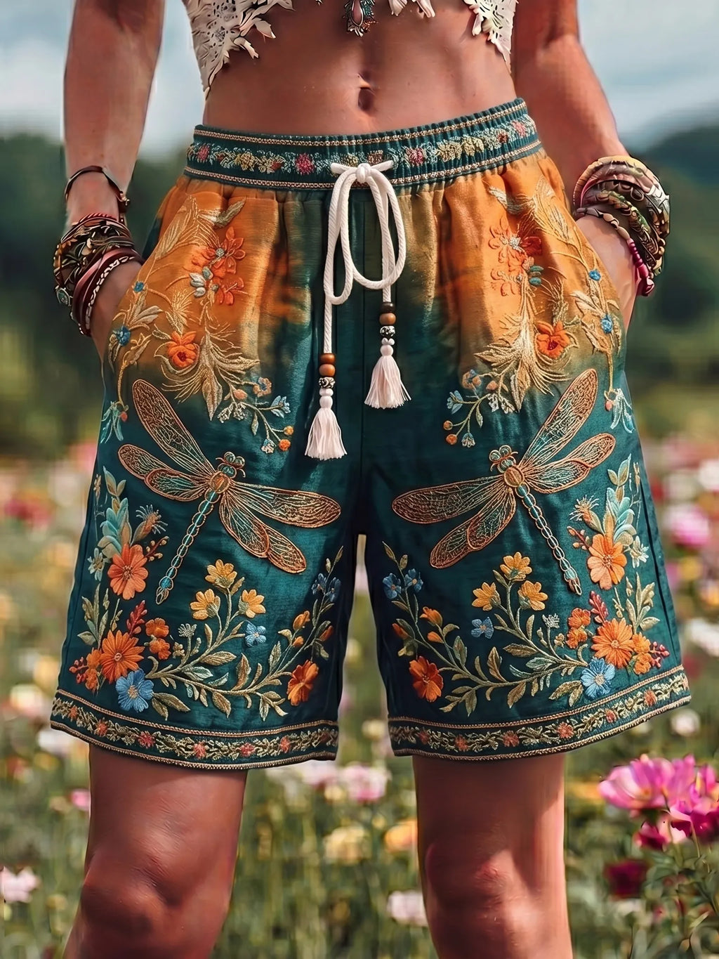 Women's Retro Floral And Dragonfly Hippie Pattern Art Embroidered  Linen Blend Shorts