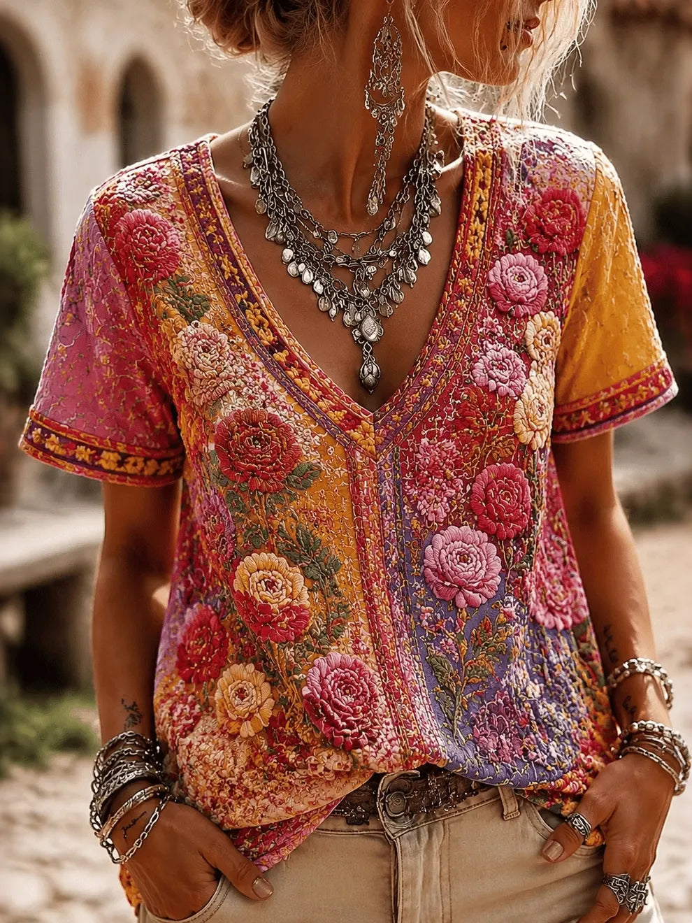 Women's Retro Vacation Floral V-neck Short-sleeve Cotton Linen T-shirt