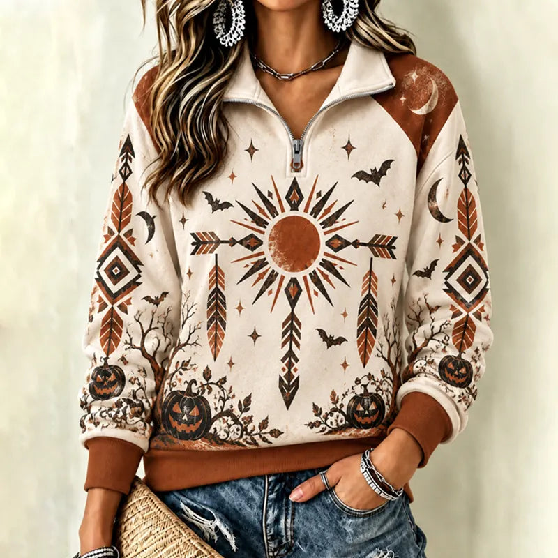 Women's Halloween Pumpkin Ethnic Totem Print Half-zip Hoodie