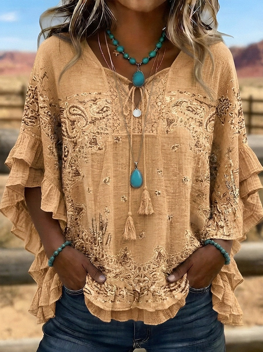 Women's Western Vintage Paisley Cactus Printed Ruffle Top