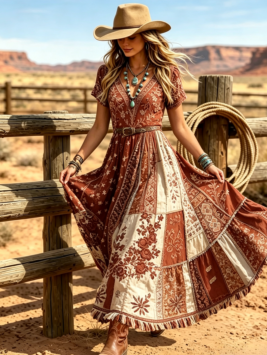 Women's Western Vintage Linen-Blend Maxi Dress
