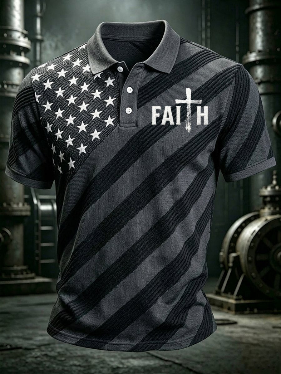 Men's Business American Flag Print Cross Art Polo Shirt