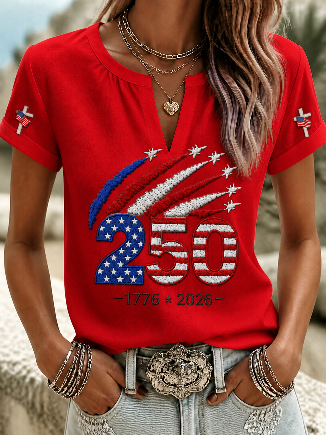 Women'S Casual Cotton Linen American Independence Day Floral Art Printed Short Sleeved T-Shirt