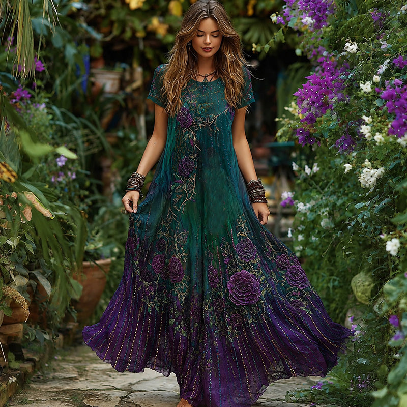 Women's Boho Purple Floral Gradient Short-sleeve Dress