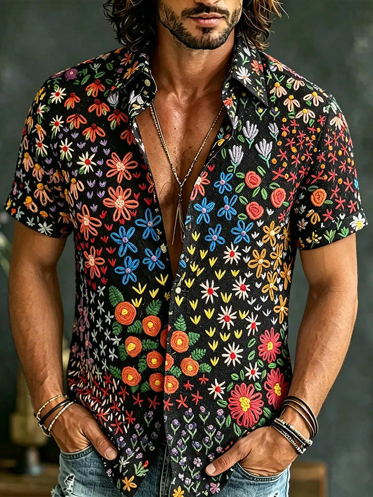 Men's Colorful Floral Art Embroidered Cotton Linen Comfortable Short-sleeved Shirt