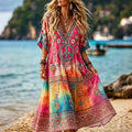 Women's Retro Hippie Floral Gradient Casual Short Sleeve Linen Maxi Dress